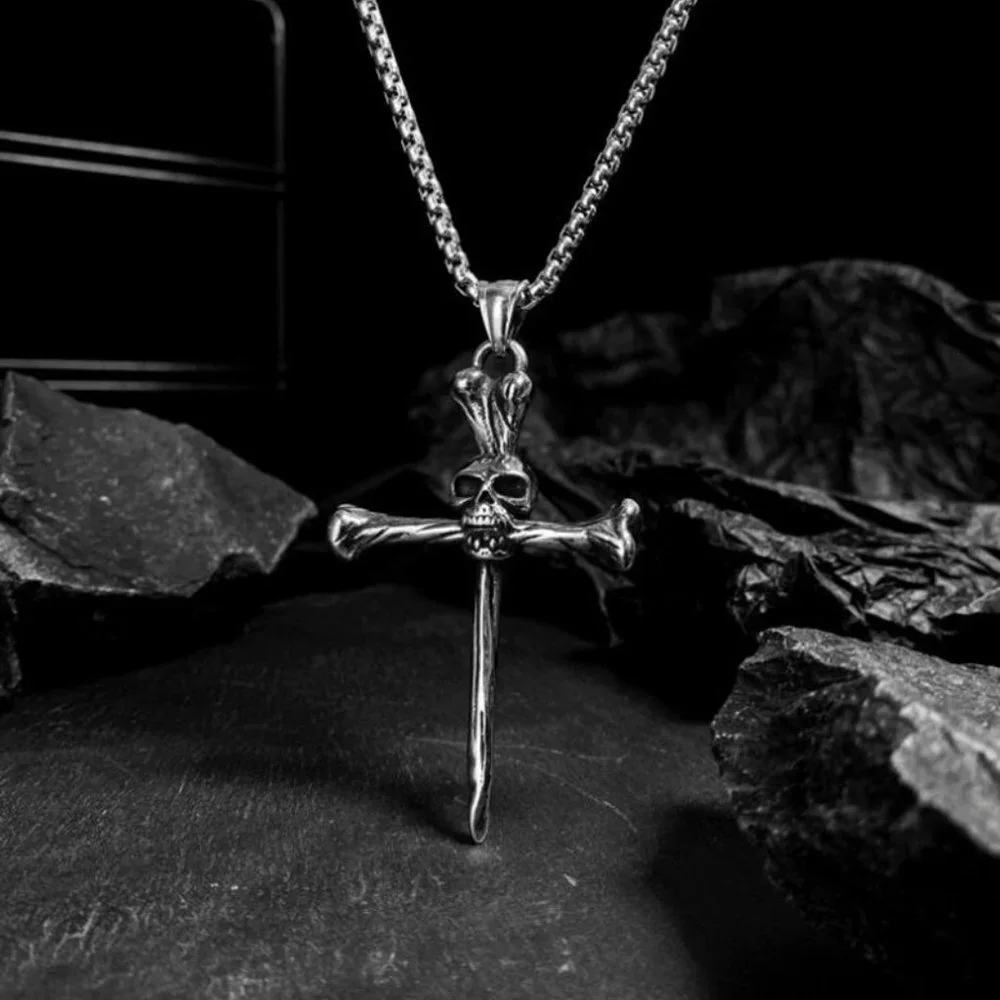 ❤️Style retro cast skull cross Halloween pendant necklace for men,N90201P…